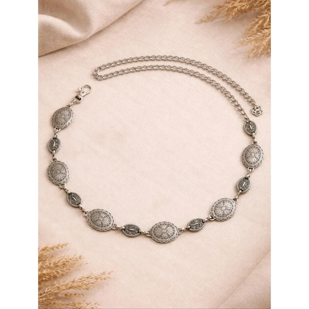 Silver Concho Chain Boho waist Belt Chunky Adjustable Western Festival Medallion